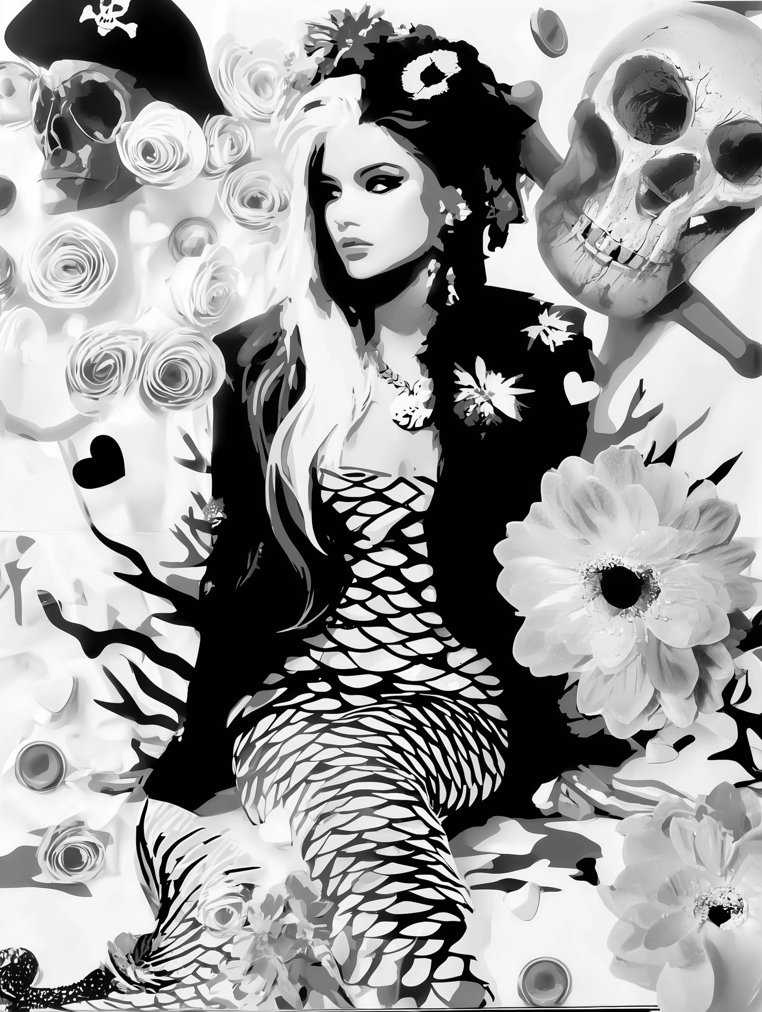 Free printable mermaid coloring page for adults featuring skull and flowers behind mermaid